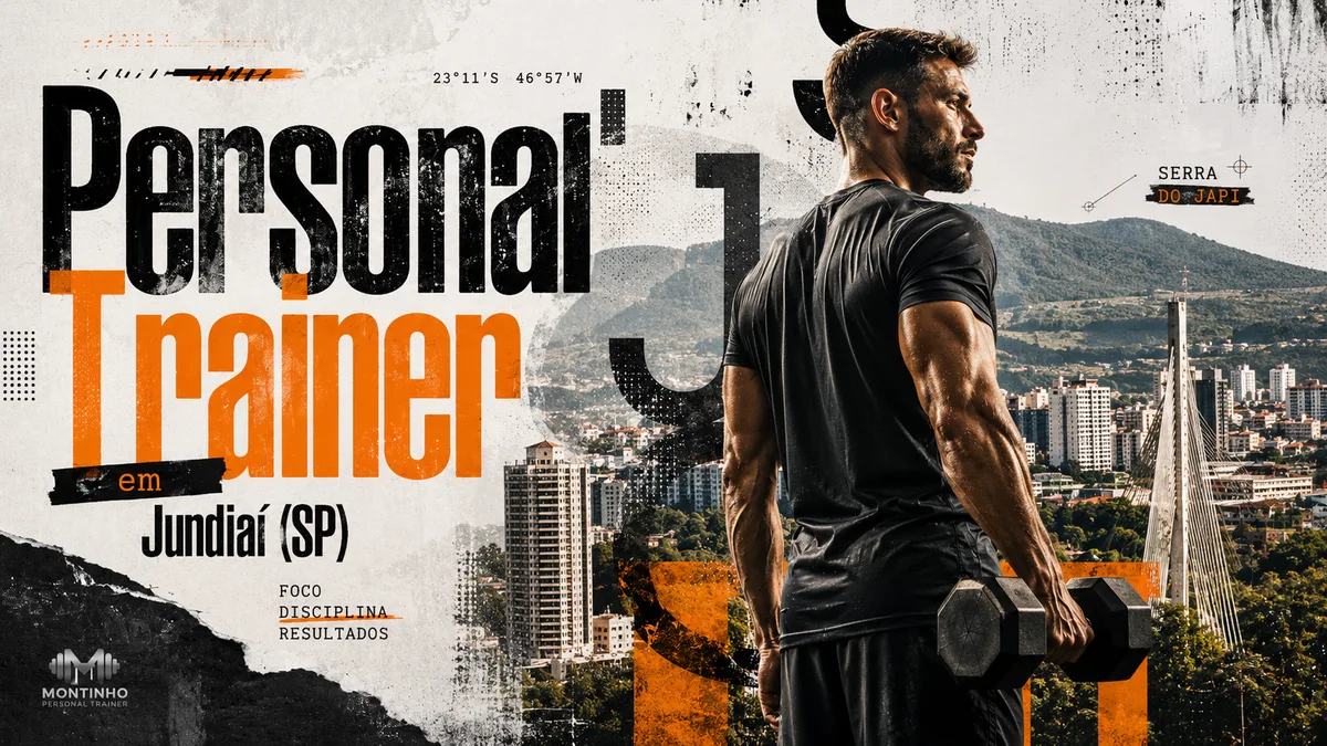 Personal trainer em Jundiaí (SP) em arte que une treino de força e a paisagem real da cidade — a Serra do Japi ao fundo, a ponte estaiada e os prédios do centro expandido — Personal por Perto