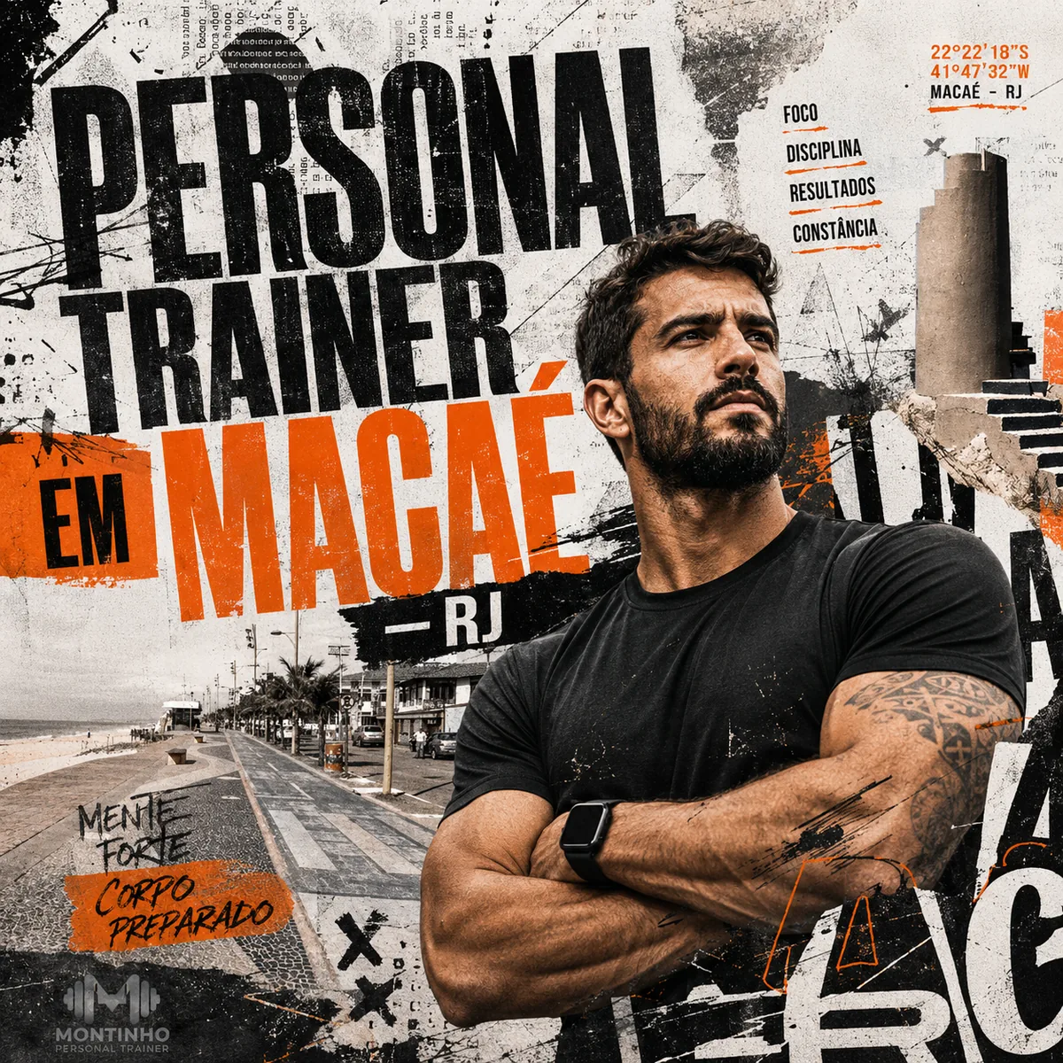 Personal trainer em Macaé (RJ) em arte quadrada com a orla e a avenida à beira-mar, as torres do parque industrial do petróleo e o treino em primeiro plano — Personal por Perto