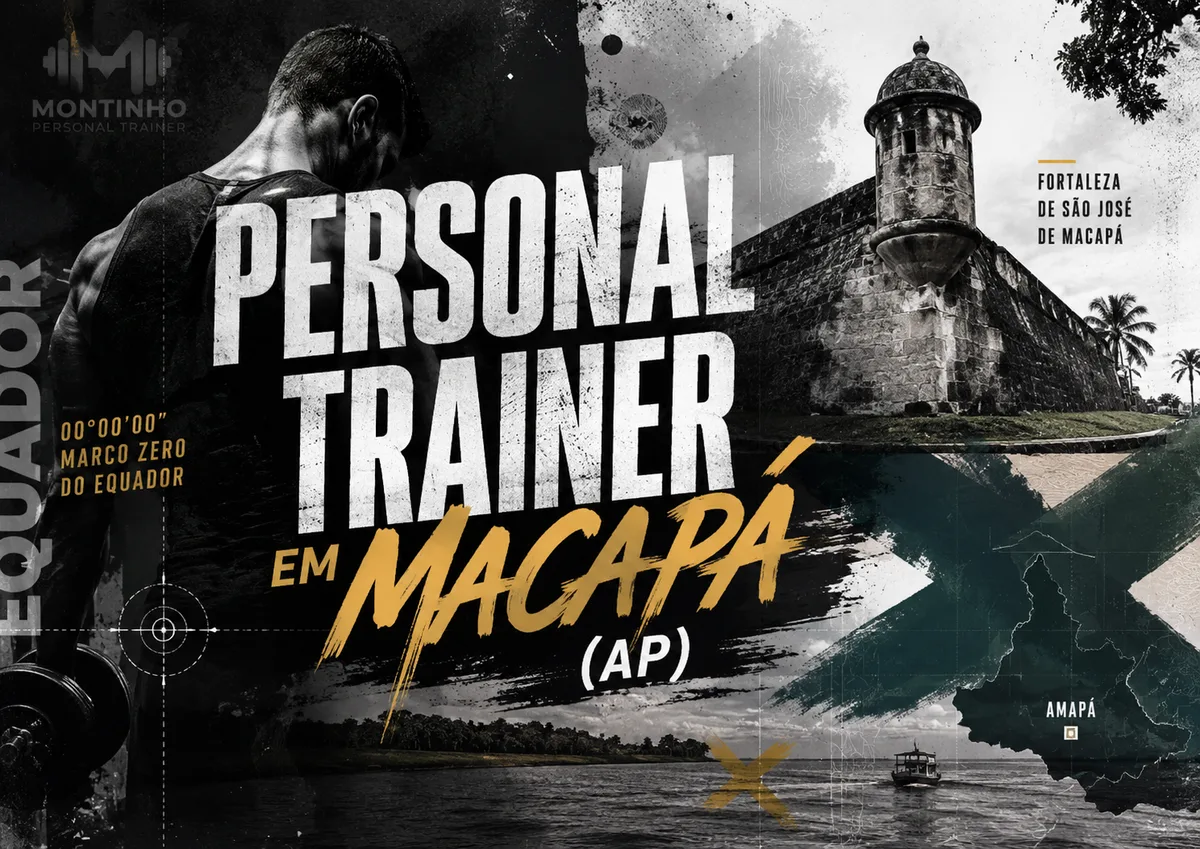 Personal trainer em Macapá (AP) em arte com cartões-postais da capital — a Fortaleza de São José de Macapá, o Marco Zero do Equador e o rio Amazonas com embarcação — Personal por Perto