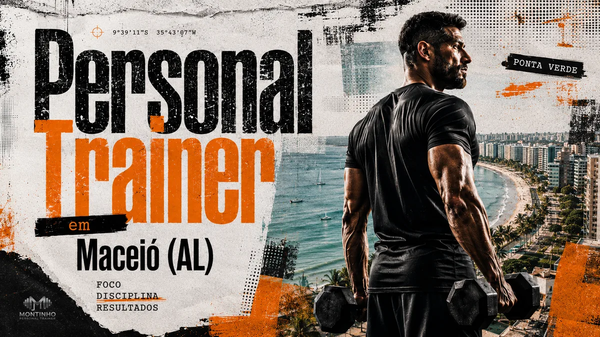 Personal trainer em Maceió (AL) em arte que une treino de força e a orla real da cidade — a praia de Ponta Verde com seus coqueiros, o mar esverdeado com veleiros e a curva de prédios da orla — Personal por Perto