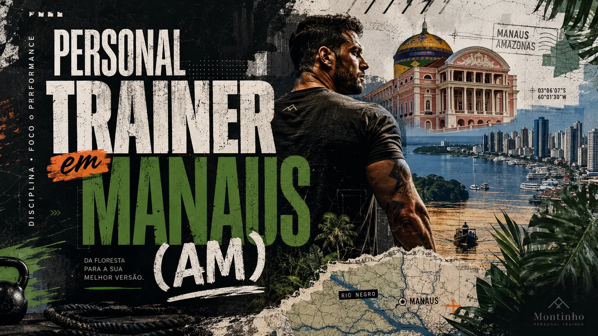 Personal trainer em Manaus (AM) com o Teatro Amazonas e o Rio Negro ao fundo, em arte que une treino de força e os cartões-postais da capital amazonense — Personal por Perto