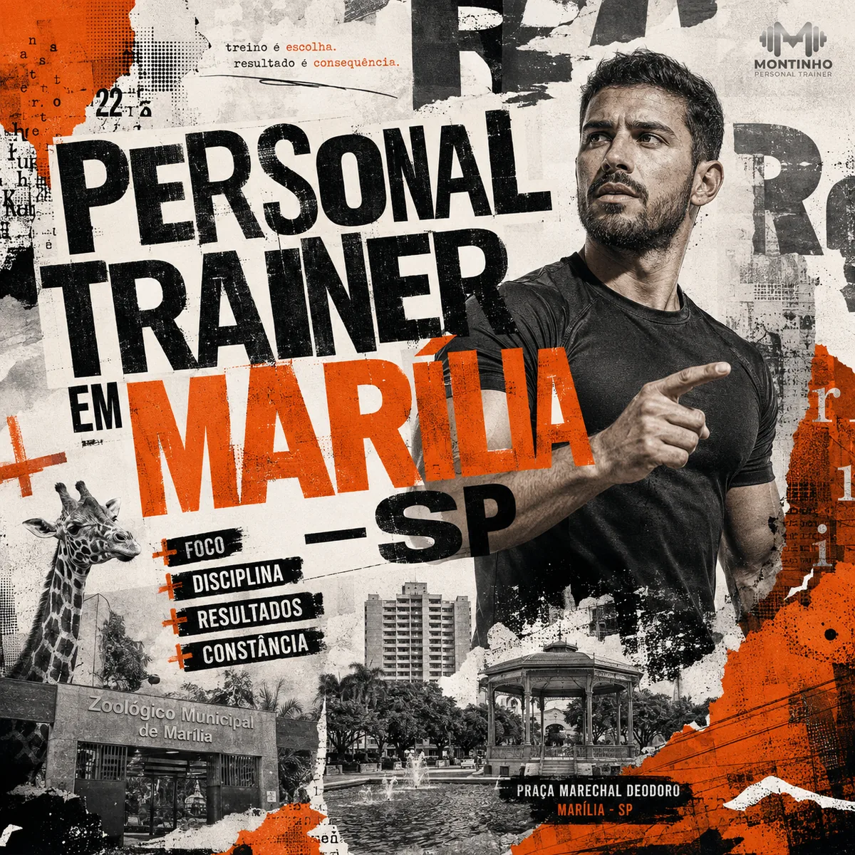 Personal trainer em Marília (SP) em arte quadrada com o Zoológico Municipal, o coreto da Praça Marechal Deodoro e o treino em primeiro plano — Personal por Perto