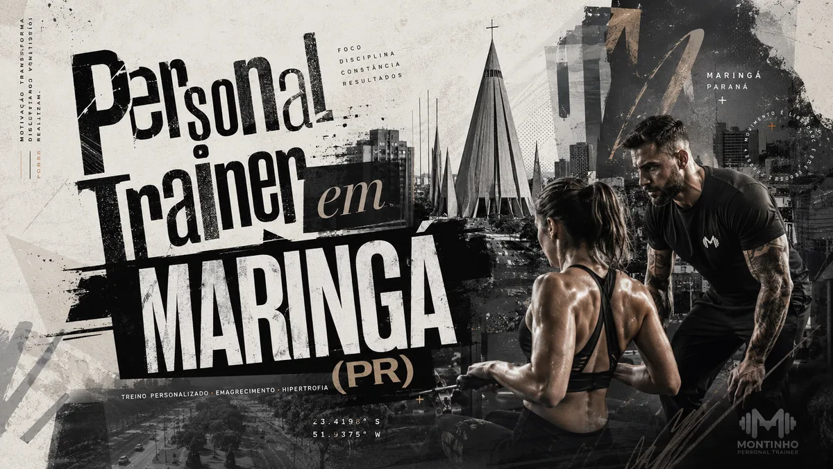 Personal trainer em Maringá (PR) em arte que une treino em dupla e o cartão-postal real da cidade — a Catedral de Maringá, com sua icônica torre em forma de cone, entre os prédios do centro — Personal por Perto