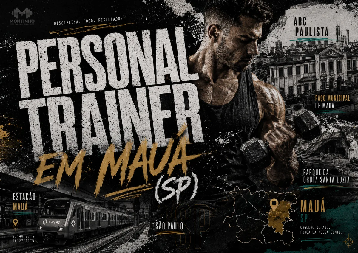 Personal trainer em Mauá (SP) em arte com referências reais da cidade — a estação Mauá da CPTM, o Paço Municipal, o Parque da Gruta Santa Luzia e o mapa do ABC paulista — Personal por Perto