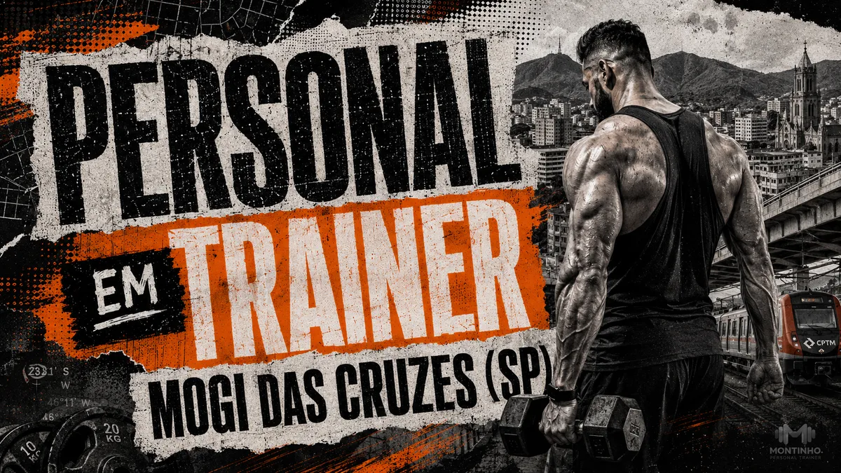 Personal trainer em Mogi das Cruzes (SP) em arte com referências reais da cidade — o trem da CPTM, as torres de igreja do centro histórico e a serra ao fundo — Personal por Perto