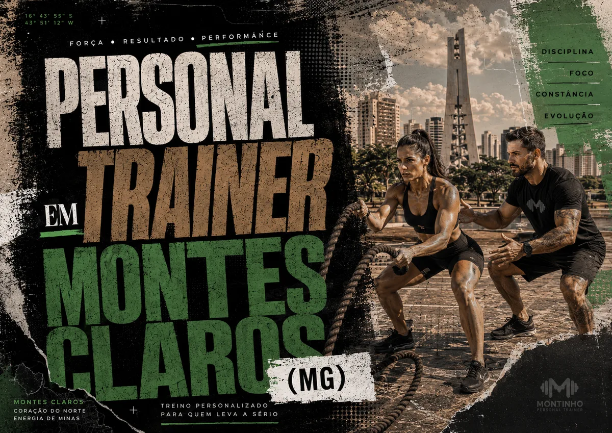 Personal trainer em Montes Claros (MG) em arte que une treino em dupla e o skyline do Coração do Norte de Minas, com o obelisco entre os prédios do centro — Personal por Perto