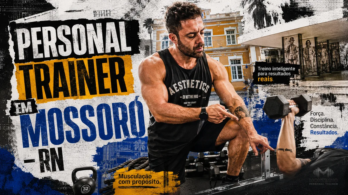 Personal trainer em Mossoró (RN) em arte que reúne o casario histórico do centro, as palmeiras da cidade e o treino de força com halteres e kettlebell — Personal por Perto