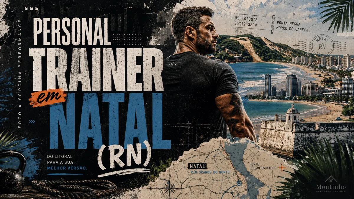 Personal trainer em Natal (RN) em arte que une treino de força e cartões-postais reais da cidade — o Morro do Careca na Praia de Ponta Negra e o Forte dos Reis Magos à beira-mar — Personal por Perto