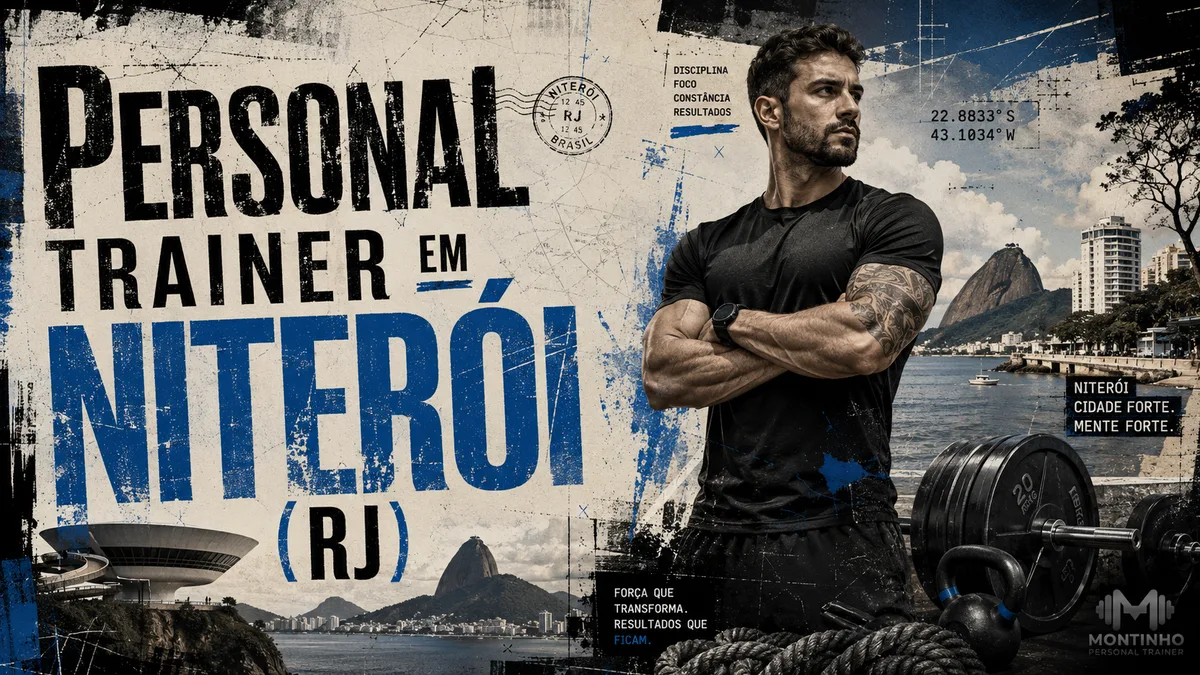 Personal trainer em Niterói (RJ) em arte que une treino de força e cartões-postais reais da cidade — o Museu de Arte Contemporânea (MAC) de Niterói e a orla da Baía de Guanabara ao fundo — Personal por Perto