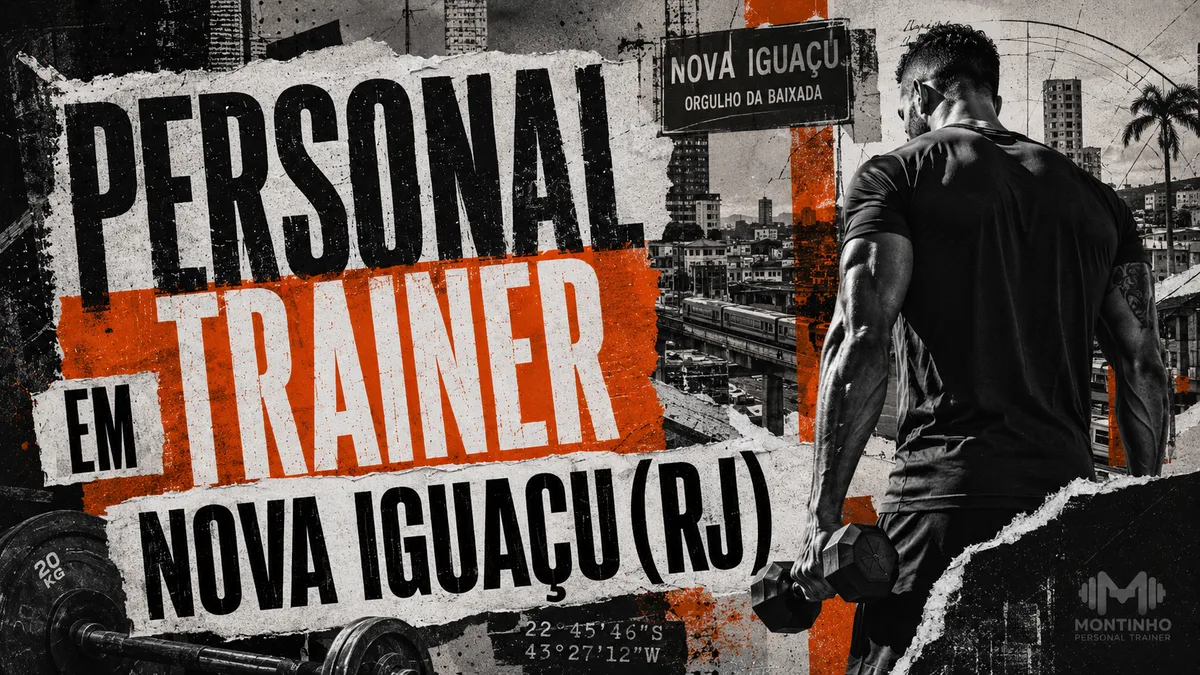 Personal trainer em Nova Iguaçu (RJ) em arte com referências reais da cidade — a placa "Orgulho da Baixada", o trem metropolitano e os prédios do centro iguaçuano — Personal por Perto