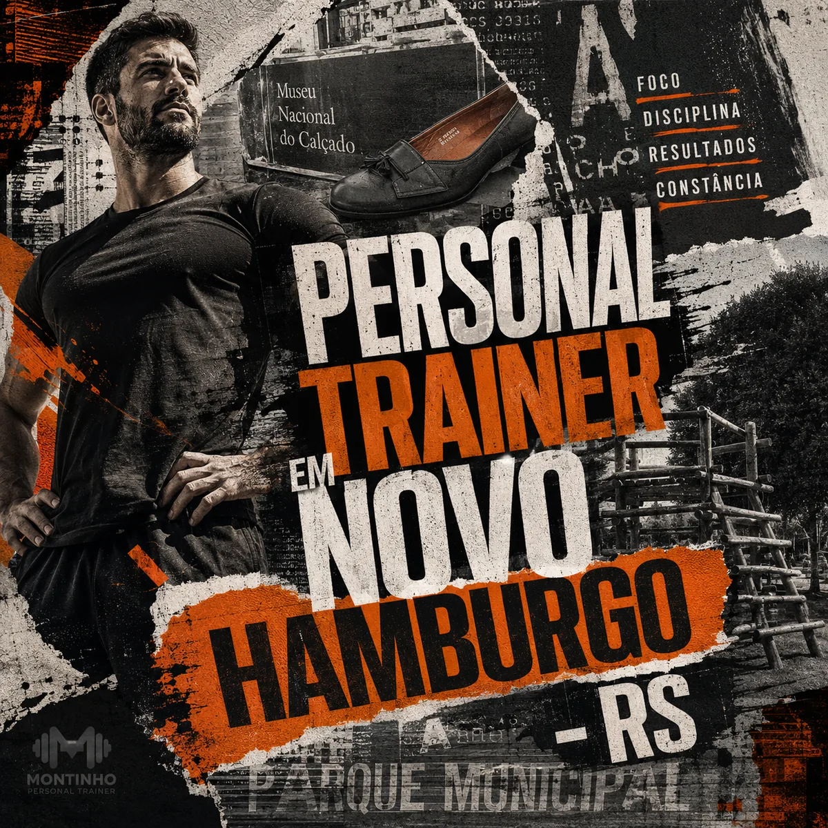 Personal trainer em Novo Hamburgo (RS) em arte quadrada com o sapato símbolo do Museu Nacional do Calçado, o parque municipal e o treino em primeiro plano — Personal por Perto