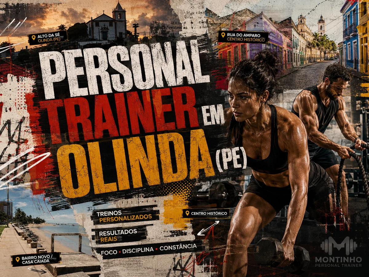 Personal trainer em Olinda (PE) em arte que reúne treino com halteres e corda naval, o Alto da Sé, o casario do centro histórico e a orla de Casa Caiada — Personal por Perto