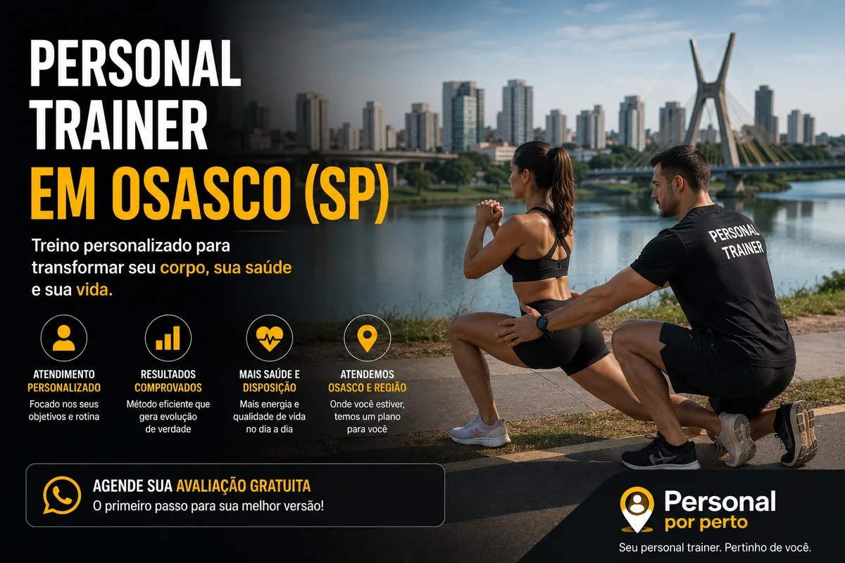 Personal trainer em Osasco (SP) acompanhando aluna em agachamento ao ar livre, com o skyline de arranha-céus da cidade à beira-rio ao fundo — Personal por Perto