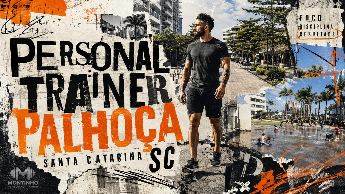 Personal trainer em Palhoça (SC) em arte com a orla, a passarela e o mar da praia, com o treino em primeiro plano — Personal por Perto