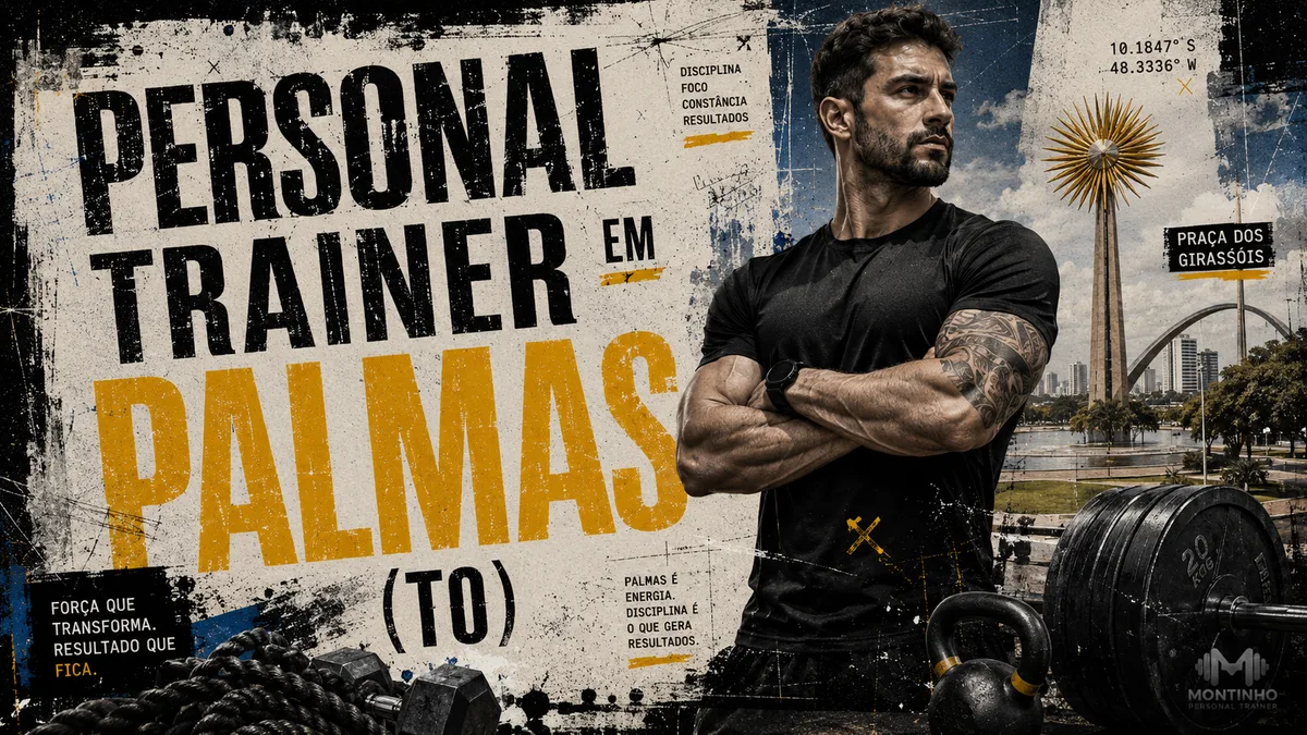 Personal trainer em Palmas (TO) em arte que une treino de força e a Praça dos Girassóis, um dos principais cartões-postais da capital tocantinense, ao fundo — Personal por Perto
