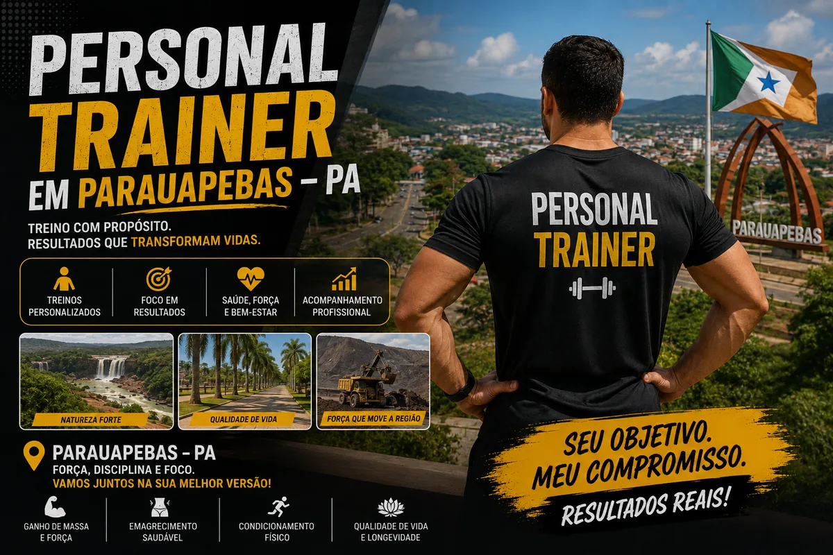 Personal trainer em Parauapebas (PA) em arte com o portal de entrada da cidade, a bandeira do Pará, a serra dos Carajás ao fundo e a cachoeira, as palmeiras e a mineração que marcam a região — Personal por Perto
