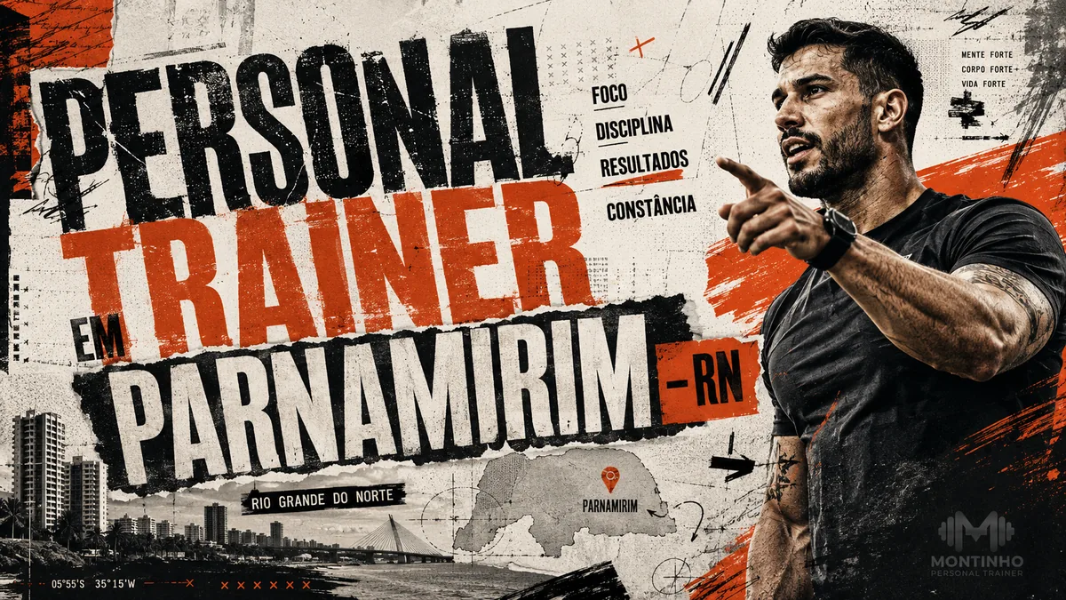 Personal trainer em Parnamirim (RN) em arte com o mapa do Rio Grande do Norte marcando a cidade, a orla ao fundo e o treino em primeiro plano — Personal por Perto
