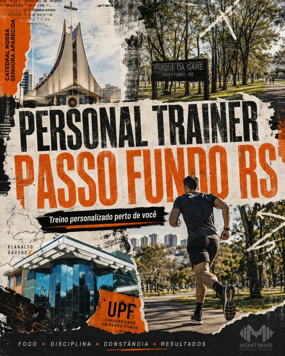 Personal trainer em Passo Fundo (RS) em arte com a Catedral Nossa Senhora Aparecida, o Parque da Gare e o campus da Universidade de Passo Fundo, com o treino em primeiro plano — Personal por Perto