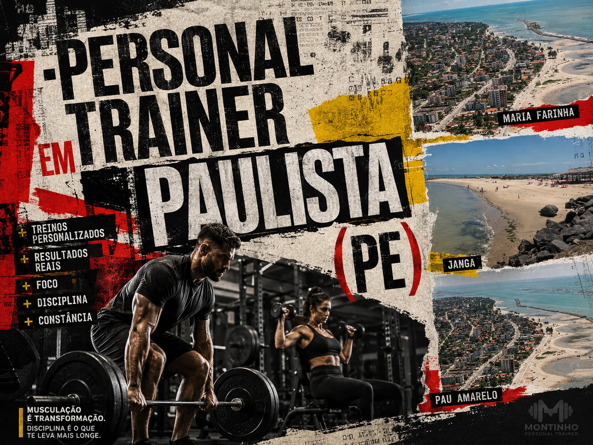 Personal trainer em Paulista (PE) em arte que reúne treino de musculação, a orla do Janga, a praia de Maria Farinha e as piscinas naturais de Pau Amarelo — Personal por Perto