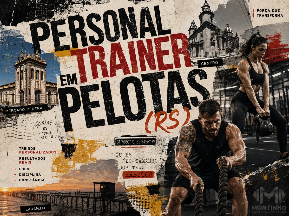 Personal trainer em Pelotas (RS) em arte que reúne treino com corda naval e kettlebell, o Mercado Central, as torres do Centro histórico e o pontão da praia do Laranjal — Personal por Perto