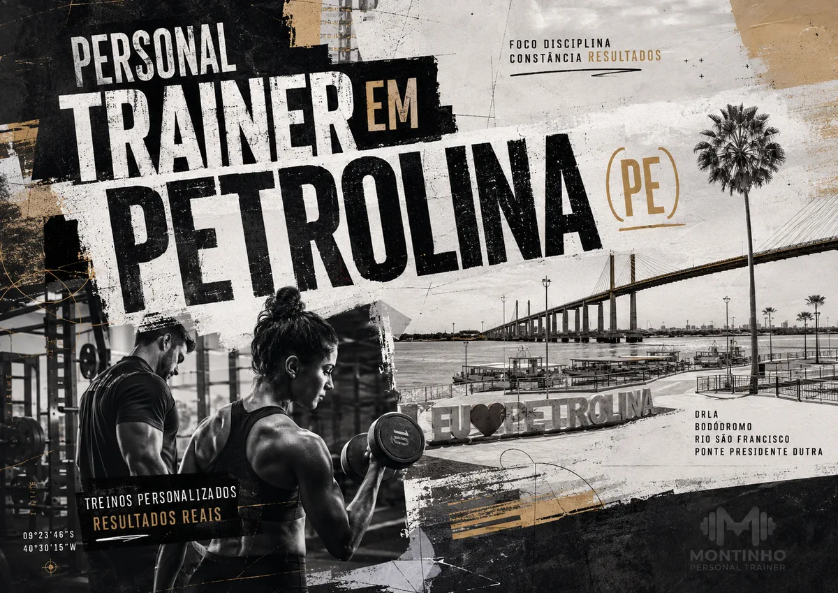 Personal trainer em Petrolina (PE) em arte que reúne treino com halteres, a orla do Rio São Francisco com a Ponte Presidente Dutra e o letreiro Eu Amo Petrolina — Personal por Perto