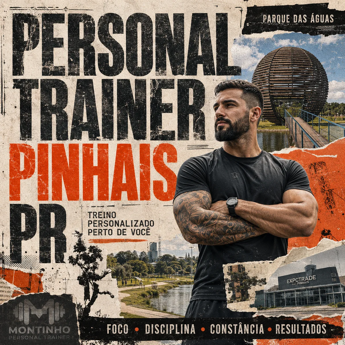 Personal trainer em Pinhais (PR) em arte com o Parque das Águas, o centro de eventos Expotrade e a orla do parque, com o treino em primeiro plano — Personal por Perto