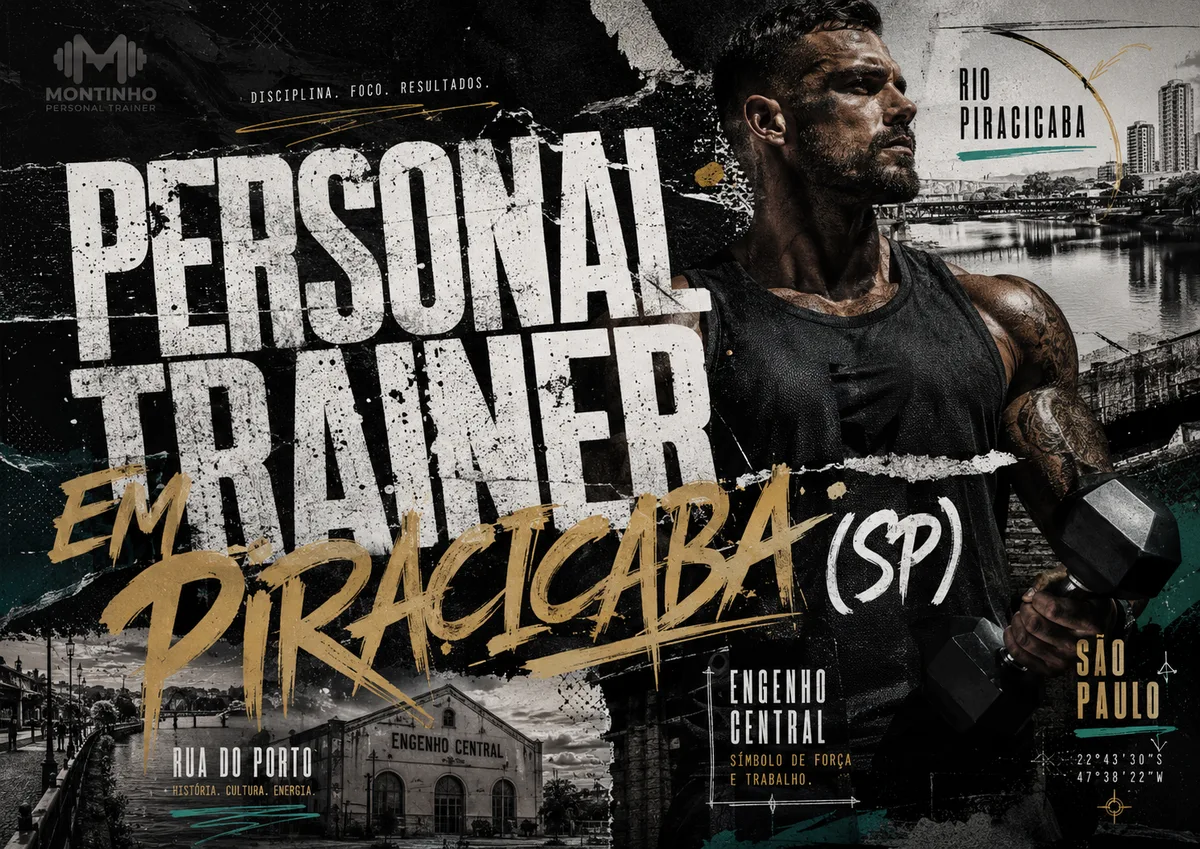 Personal trainer em Piracicaba (SP) em arte com cartões-postais da cidade — o rio Piracicaba com sua ponte, o Engenho Central e a Rua do Porto — Personal por Perto