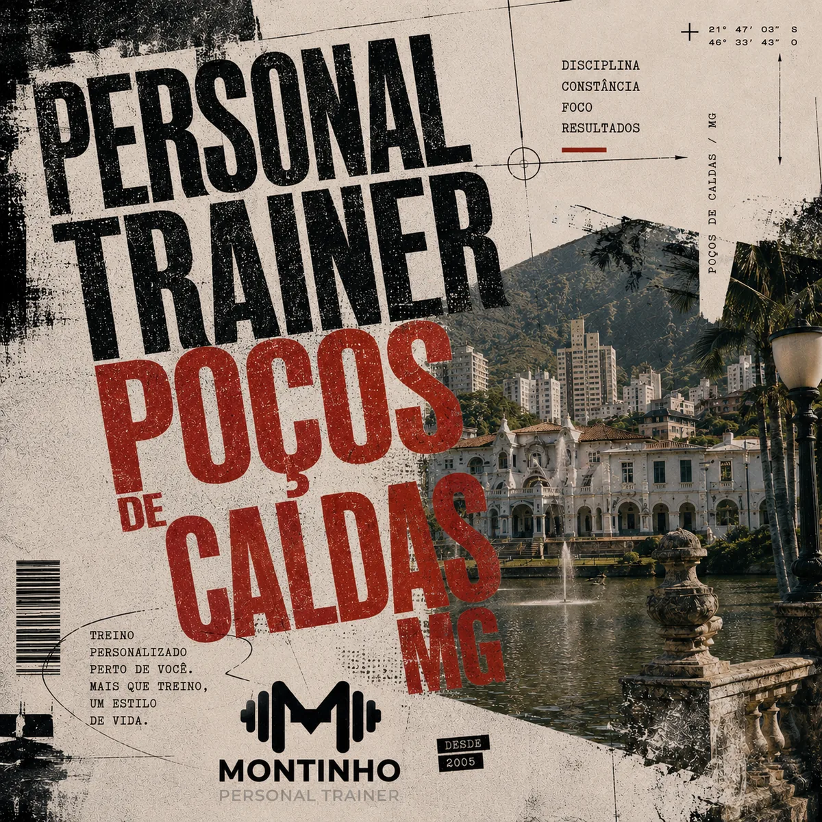 Personal trainer em Poços de Caldas (MG) em arte com o Palace Hotel, a fonte da praça central e os prédios do centro, com o treino em primeiro plano — Personal por Perto