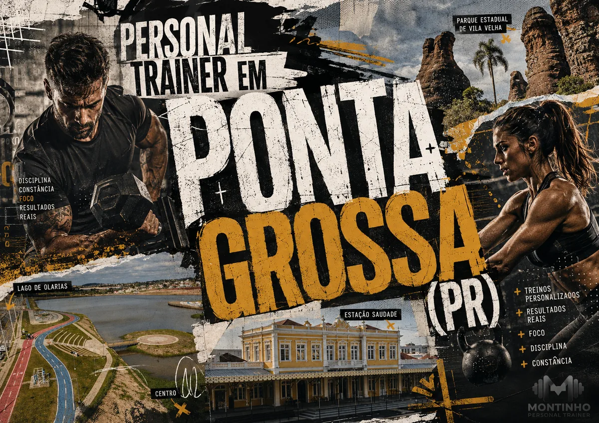 Personal trainer em Ponta Grossa (PR) em arte que reúne treino com halteres, os arenitos do Parque Estadual de Vila Velha, o Lago de Olarias e a Estação Saudade — Personal por Perto