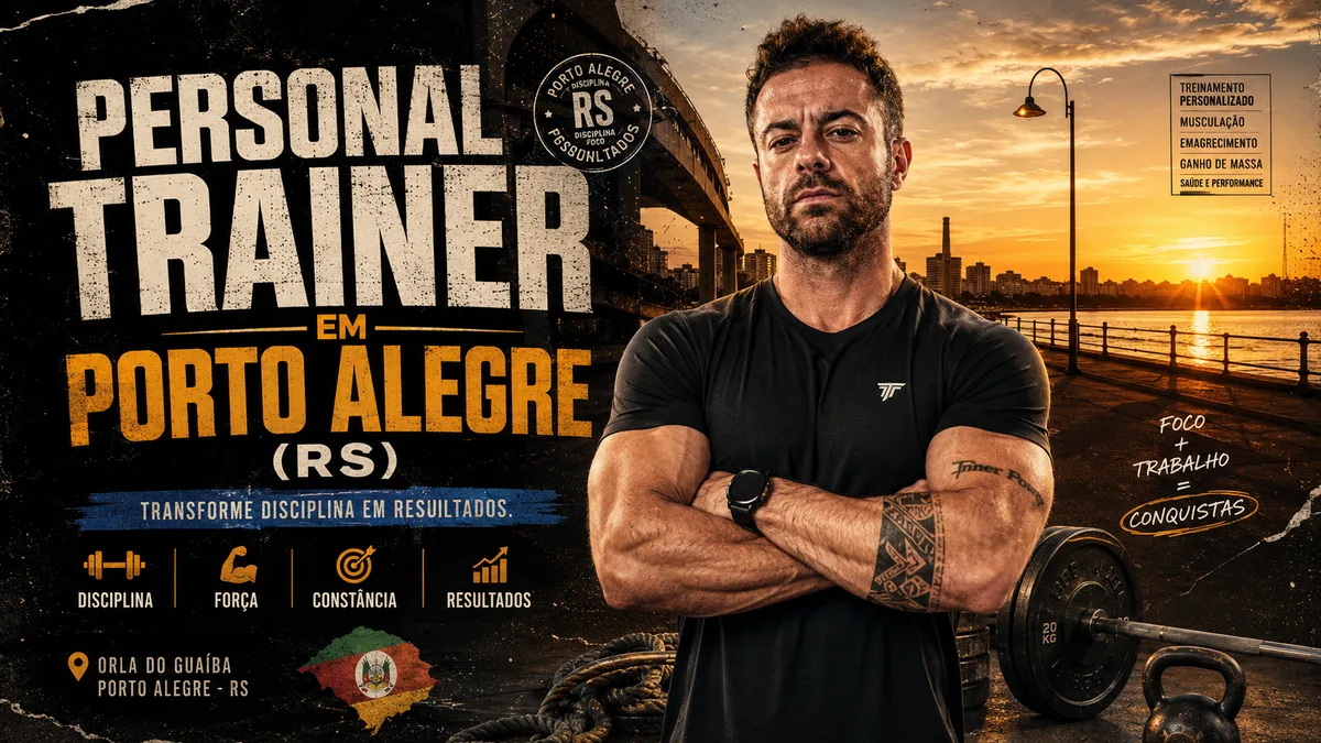 Personal trainer em Porto Alegre (RS) em arte que une treino de força e a Orla do Guaíba ao pôr do sol, um dos principais cartões-postais da capital gaúcha, ao fundo — Personal por Perto