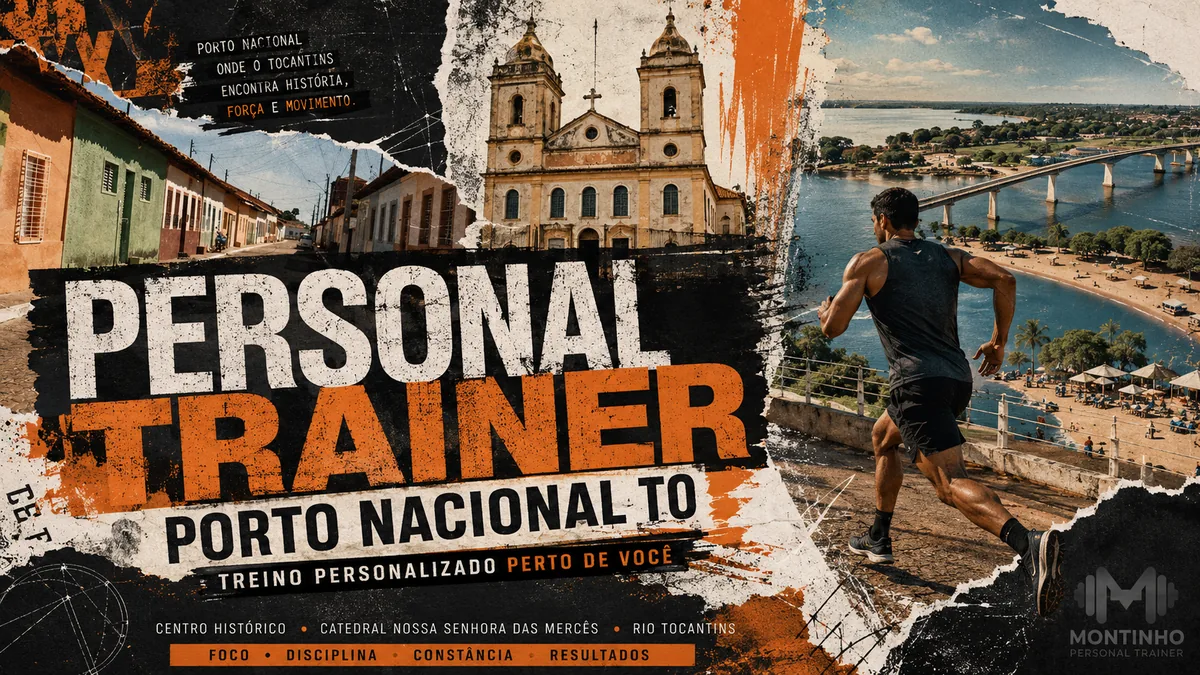 Personal trainer em Porto Nacional (TO) em arte com o centro histórico, a Catedral Nossa Senhora das Mercês e o rio Tocantins, com o treino em primeiro plano — Personal por Perto