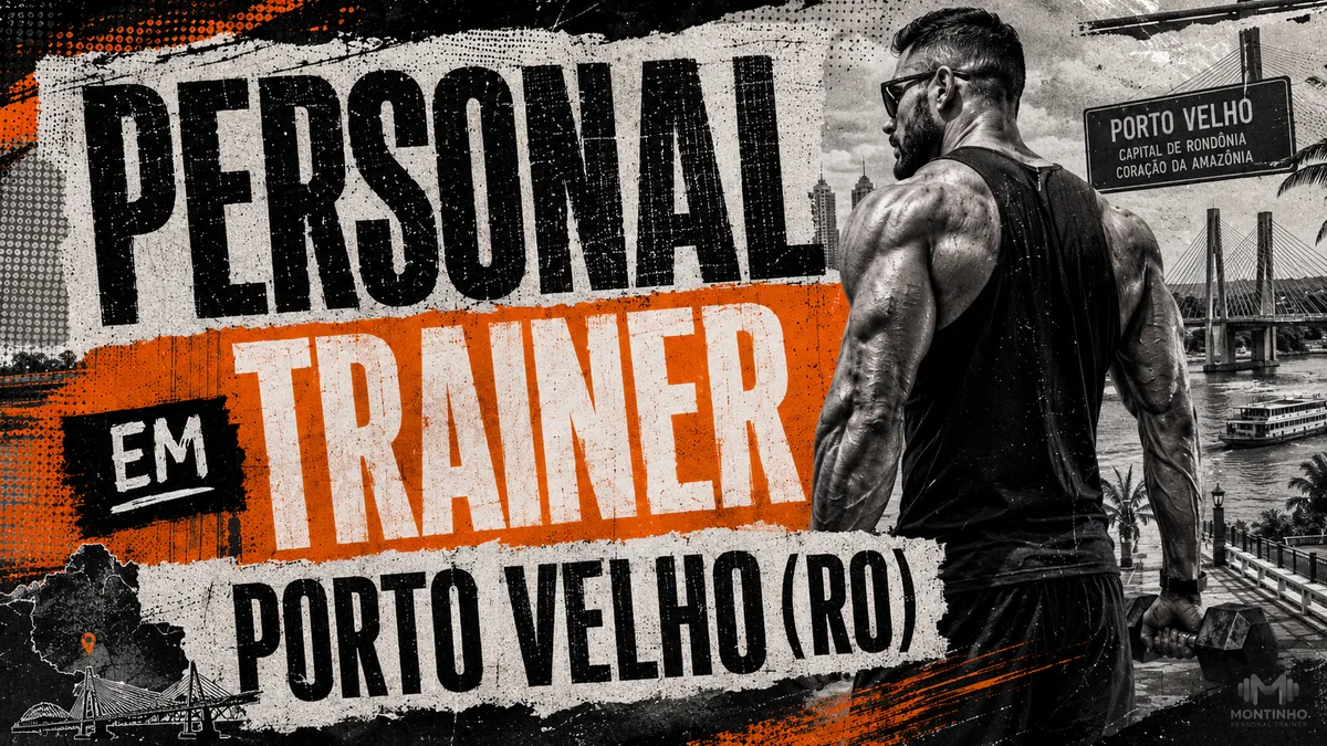 Personal trainer em Porto Velho (RO) em arte que une treino de força e cartões-postais da capital — o rio Madeira com embarcações, a ponte estaiada e a placa "Coração da Amazônia" — Personal por Perto