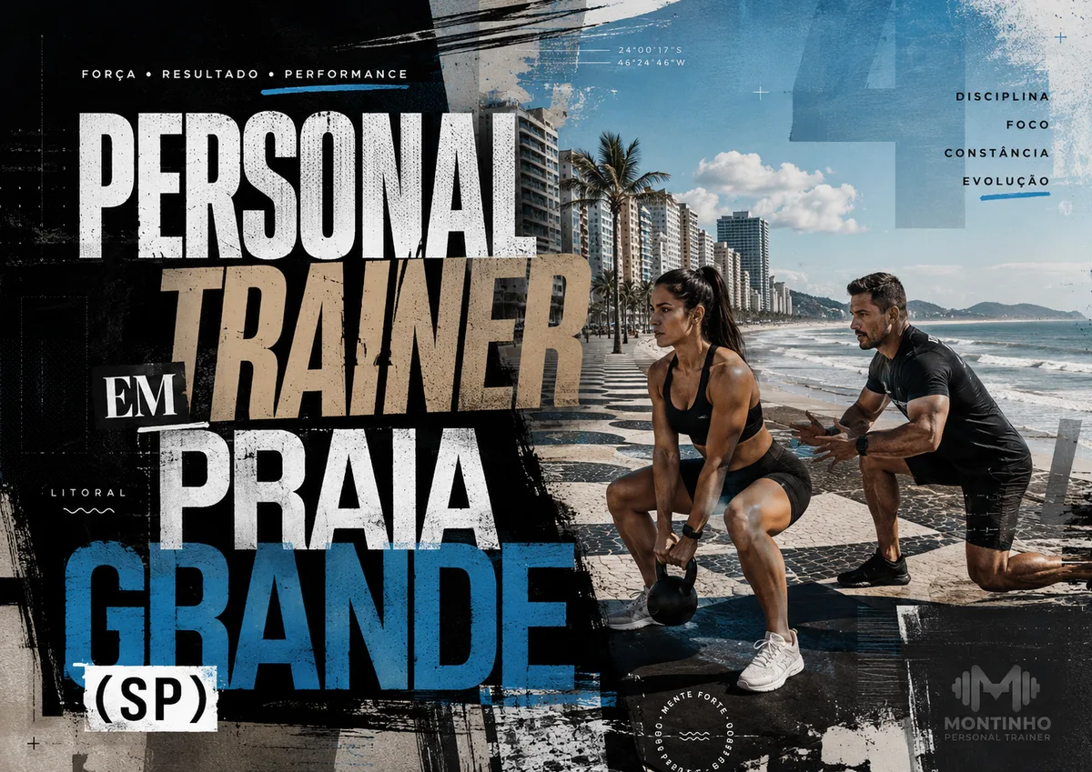 Personal trainer em Praia Grande (SP) em arte que une treino em dupla no calçadão da orla e a fileira de prédios à beira-mar da cidade — Personal por Perto