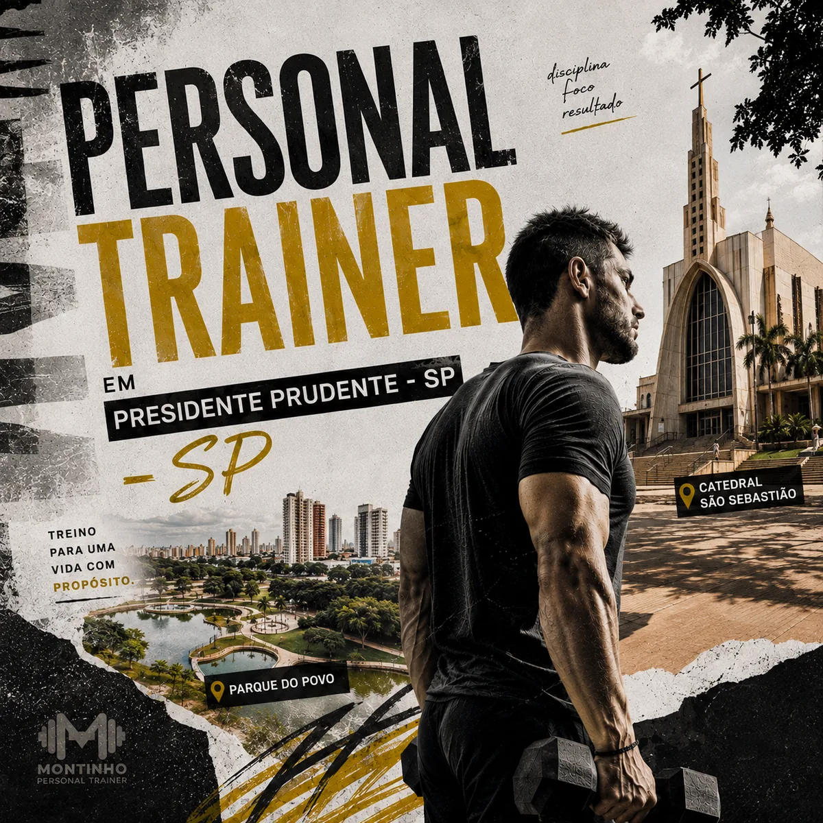 Personal trainer em Presidente Prudente (SP) em arte quadrada com a Catedral São Sebastião, o Parque do Povo e o treino em primeiro plano — Personal por Perto