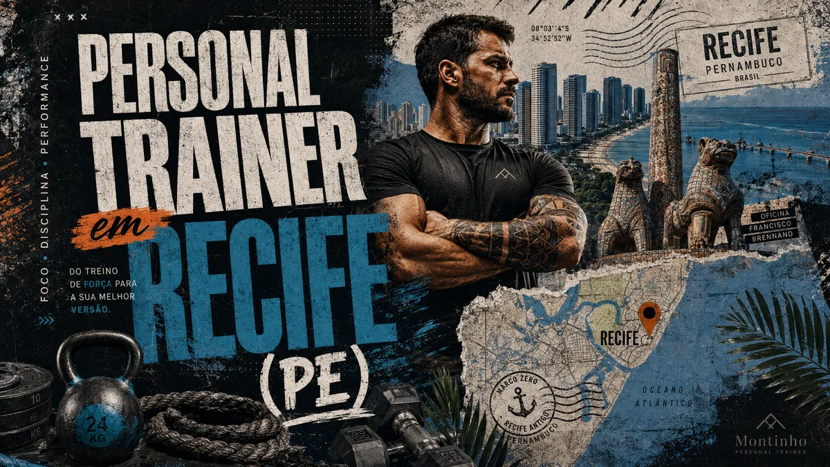 Personal trainer no Recife (PE) em arte que une treino de força e cartões-postais reais da cidade — as esculturas da Oficina Francisco Brennand, o Marco Zero do Recife Antigo e a orla de arranha-céus de Boa Viagem — Personal por Perto