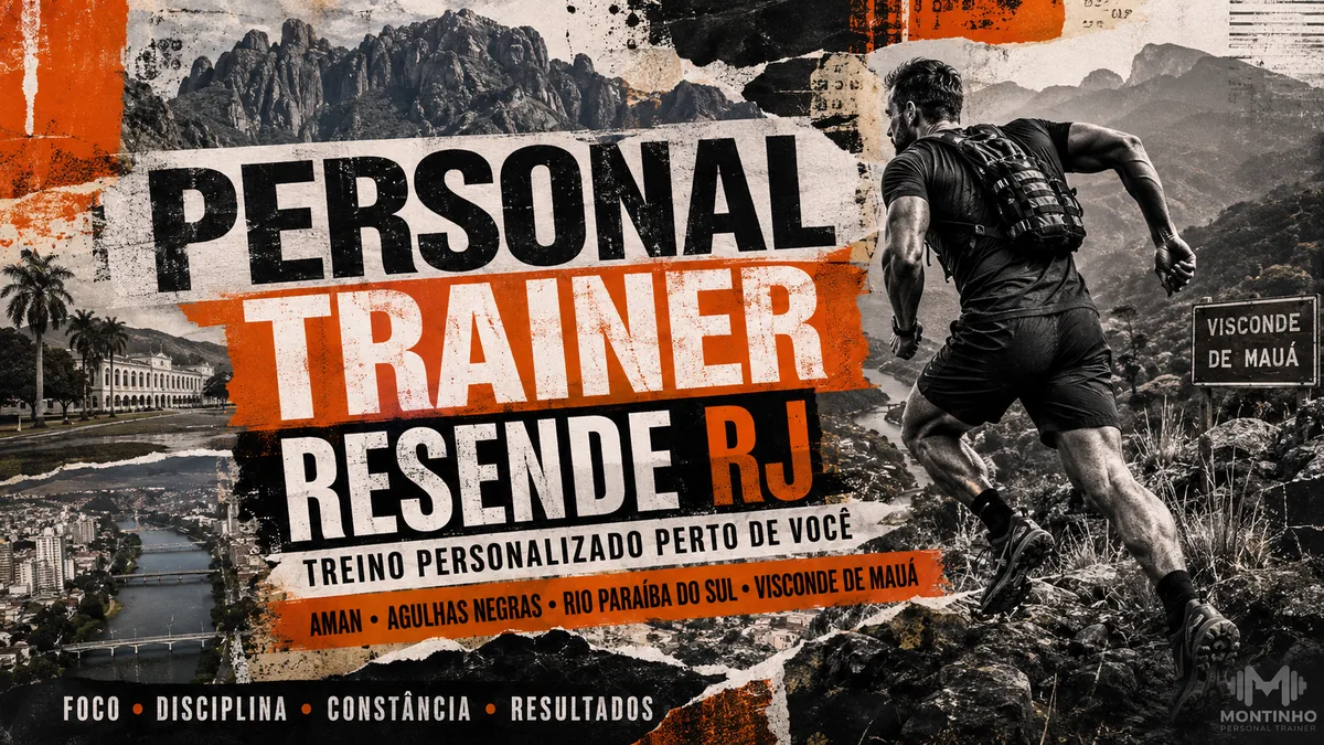 Personal trainer em Resende (RJ) em arte com o Pico das Agulhas Negras, o rio Paraíba do Sul e a paisagem de Visconde de Mauá, com o treino em primeiro plano — Personal por Perto