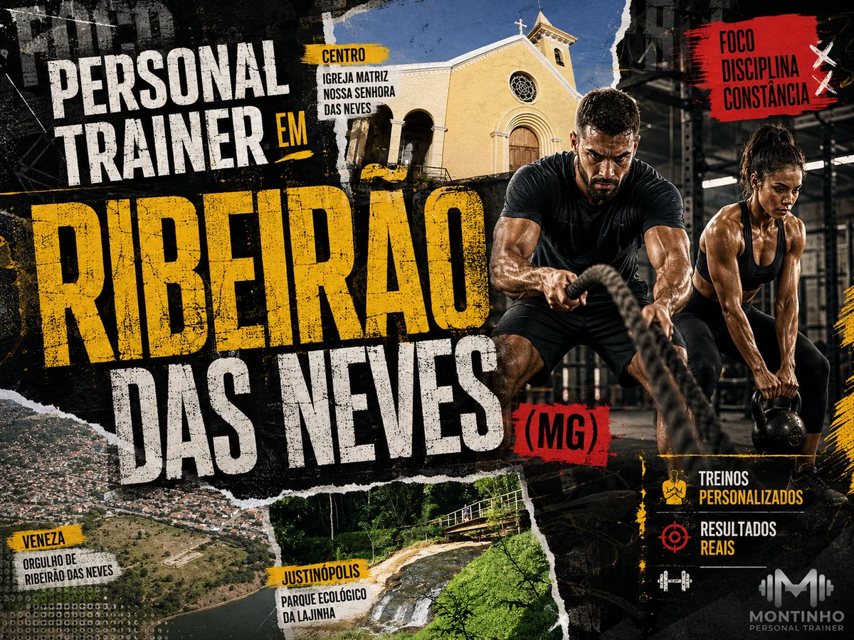 Personal trainer em Ribeirão das Neves (MG) em arte que reúne treino com corda naval e kettlebell, a Igreja Matriz Nossa Senhora das Neves, a vista do Veneza e o Parque da Lajinha, em Justinópolis — Personal por Perto