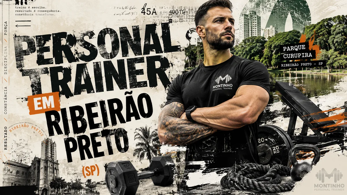 Personal trainer em Ribeirão Preto (SP) em arte que une treino de força e o Parque Curupira, um dos cartões-postais da cidade, com seu lago e área verde ao fundo — Personal por Perto