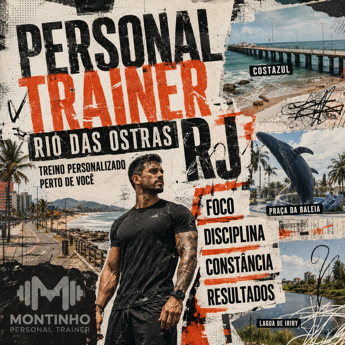 Personal trainer em Rio das Ostras (RJ) em arte com a Praia de Costazul, o píer, a Praça da Baleia e a Lagoa de Iriry, com o treino em primeiro plano — Personal por Perto