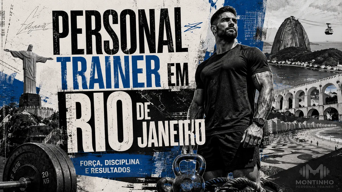 Personal trainer no Rio de Janeiro (RJ) em arte que une treino de força e cartões-postais reais da cidade — o Cristo Redentor, o Pão de Açúcar, os Arcos da Lapa e o calçadão de Copacabana ao fundo — Personal por Perto