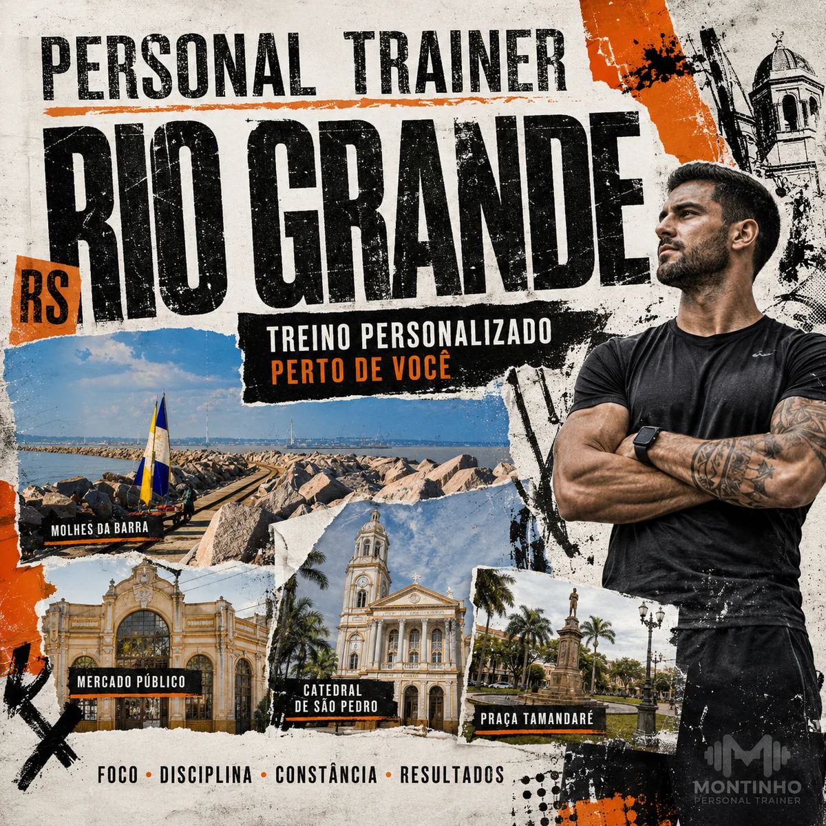 Personal trainer em Rio Grande (RS) em arte com os Molhes da Barra, o Mercado Público, a Catedral de São Pedro e a Praça Tamandaré, com o treino em primeiro plano — Personal por Perto