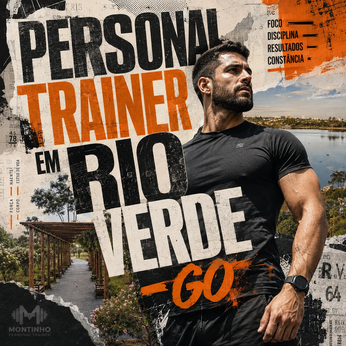 Personal trainer em Rio Verde (GO) em arte quadrada com o parque linear e a pista de caminhada da cidade e o treino em primeiro plano — Personal por Perto