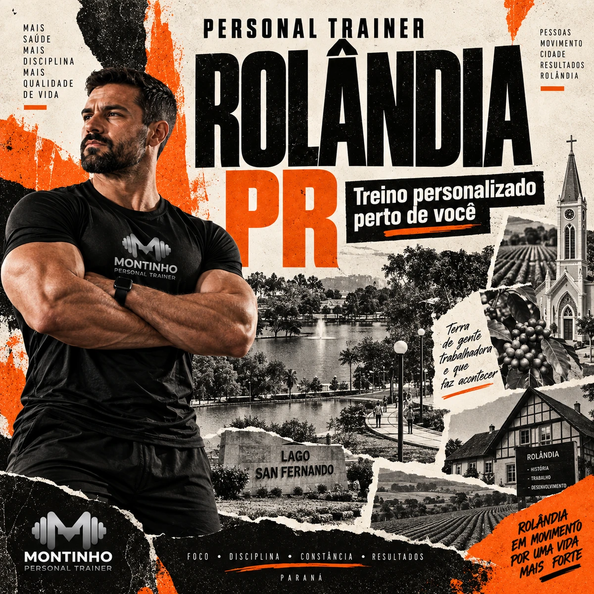 Personal trainer em Rolândia (PR) em arte com o Lago San Fernando, a igreja matriz, o cafezal e o casario de colonização alemã, com o treino em primeiro plano — Personal por Perto