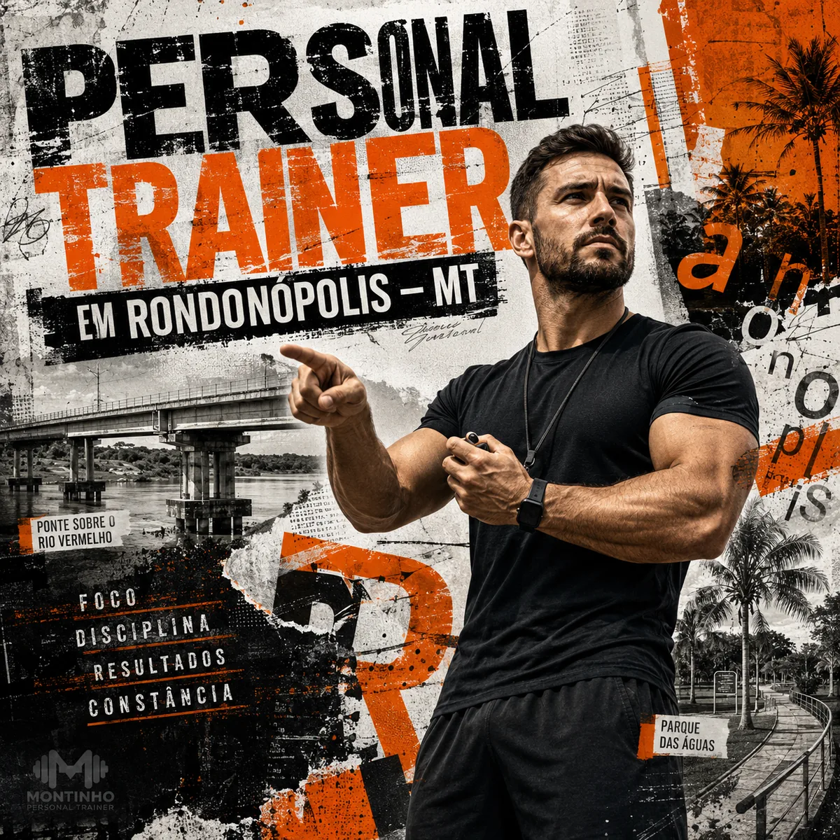 Personal trainer em Rondonópolis (MT) em arte quadrada com a ponte sobre o rio Vermelho, o Parque das Águas e o treino em primeiro plano — Personal por Perto