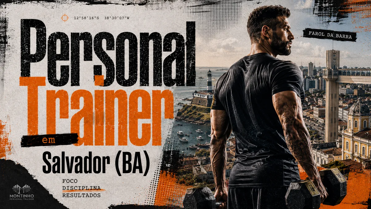 Personal trainer em Salvador (BA) em arte que une treino de força e cartões-postais reais da capital baiana — o Farol da Barra, o Elevador Lacerda, o casario histórico e a Baía de Todos-os-Santos com seus barcos — Personal por Perto
