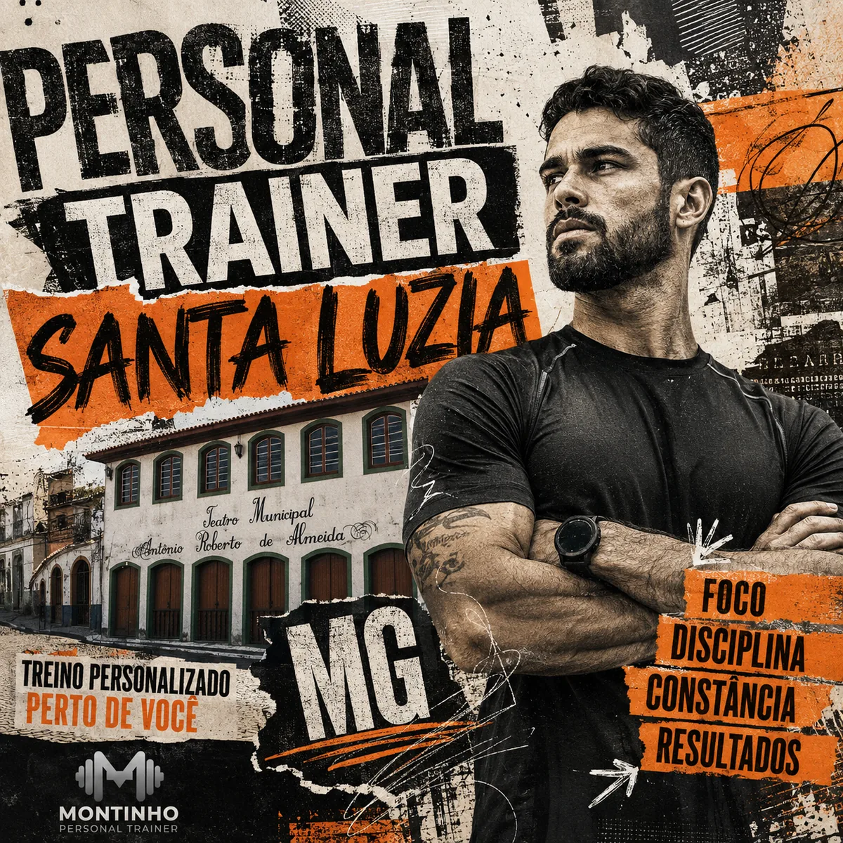 Personal trainer em Santa Luzia (MG) em arte com o Teatro Municipal Antônio Roberto de Almeida e o casario do centro histórico, com o treino em primeiro plano — Personal por Perto