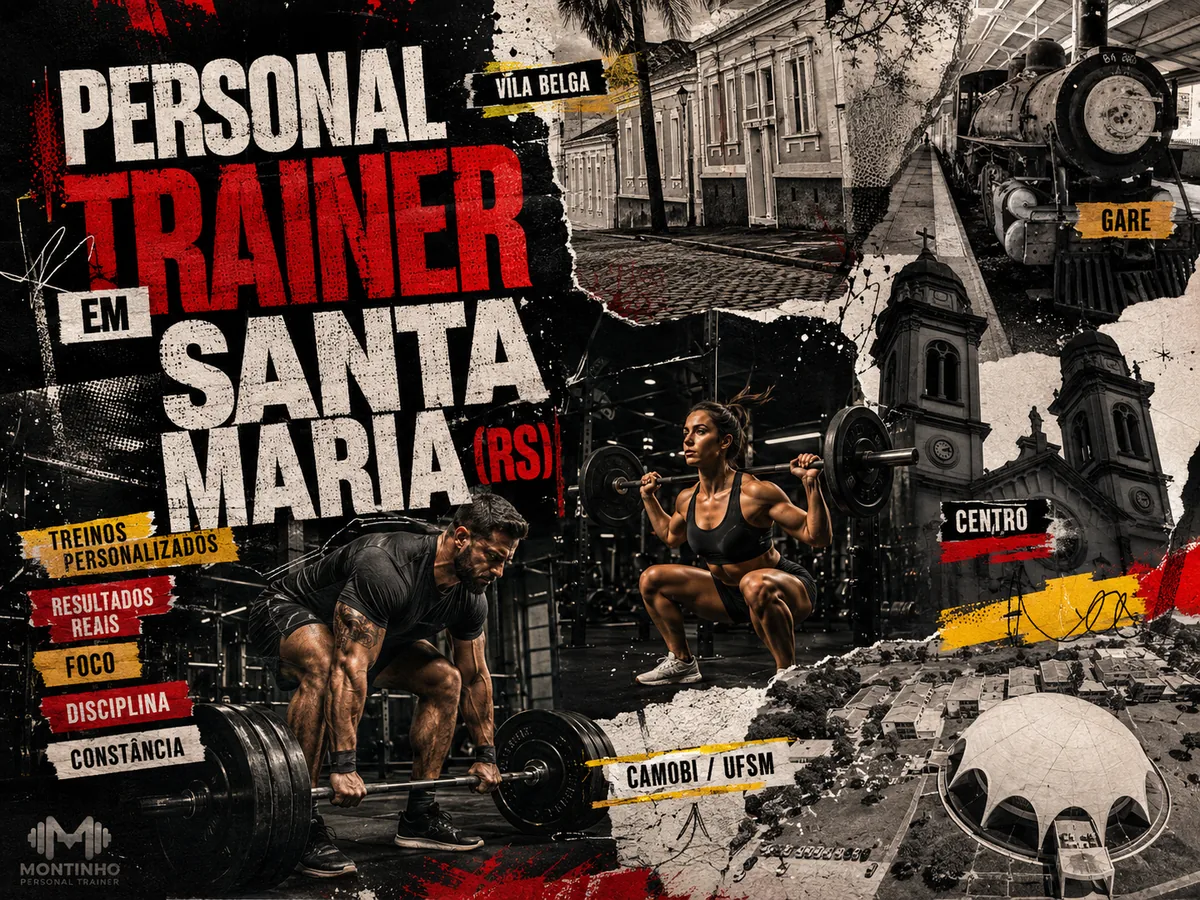 Personal trainer em Santa Maria (RS) em arte que reúne a Vila Belga, a Gare da estação ferroviária, a catedral do Centro e o campus da UFSM em Camobi — Personal por Perto