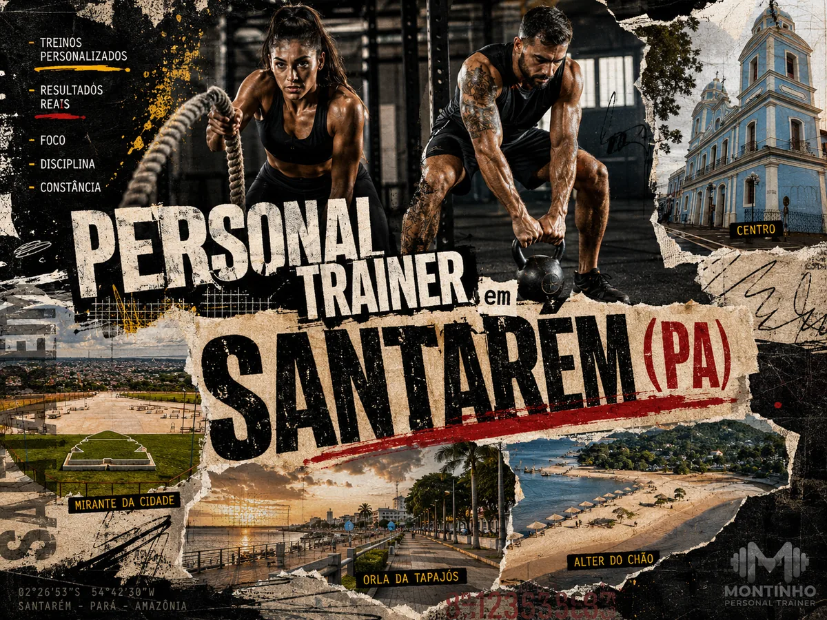 Personal trainer em Santarém (PA) em arte que reúne treino funcional, a catedral do Centro, o mirante da cidade, a orla do Tapajós e a praia de Alter do Chão — Personal por Perto