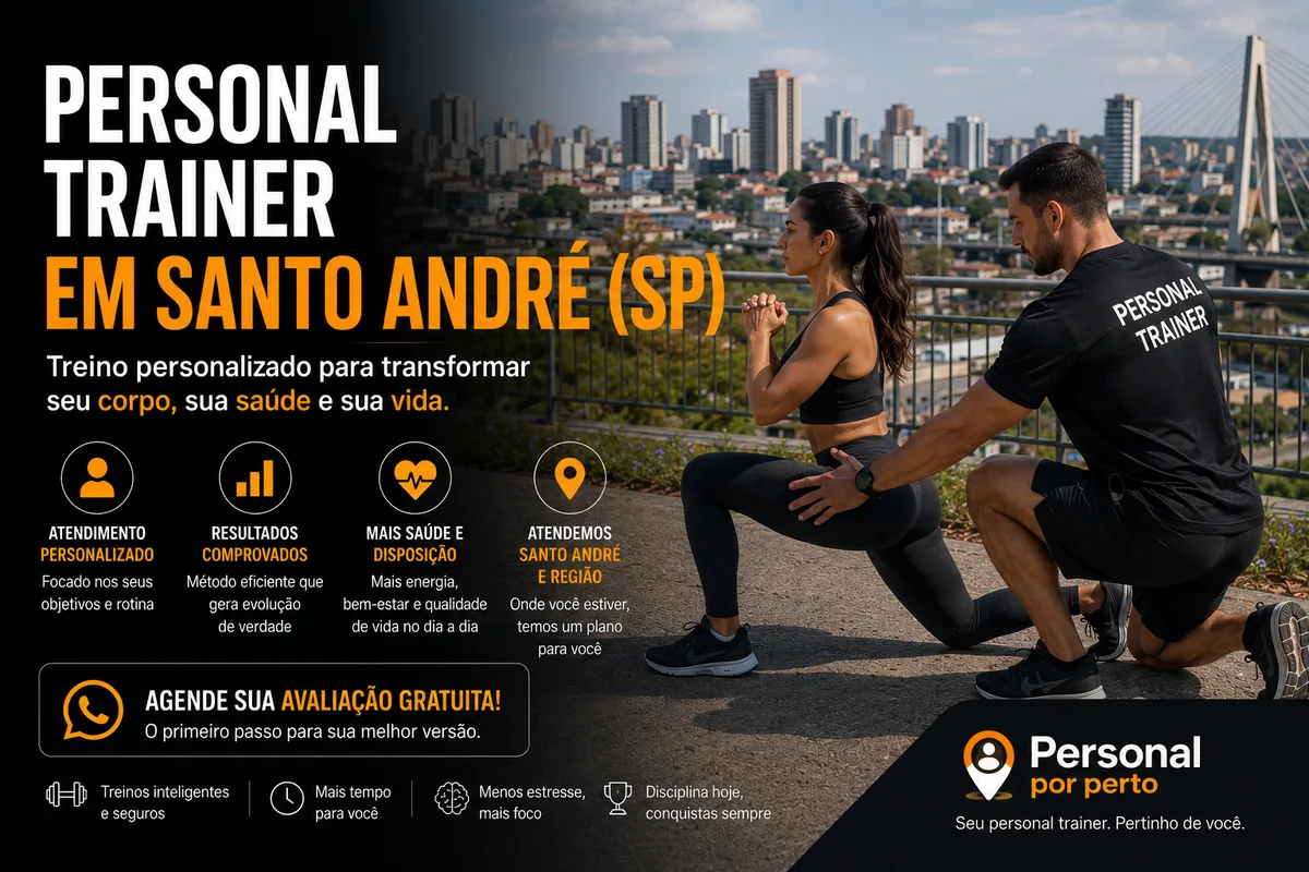 Personal trainer em Santo André (SP) acompanhando aluna em treino de força ao ar livre, com o skyline do ABC paulista ao fundo — Personal por Perto