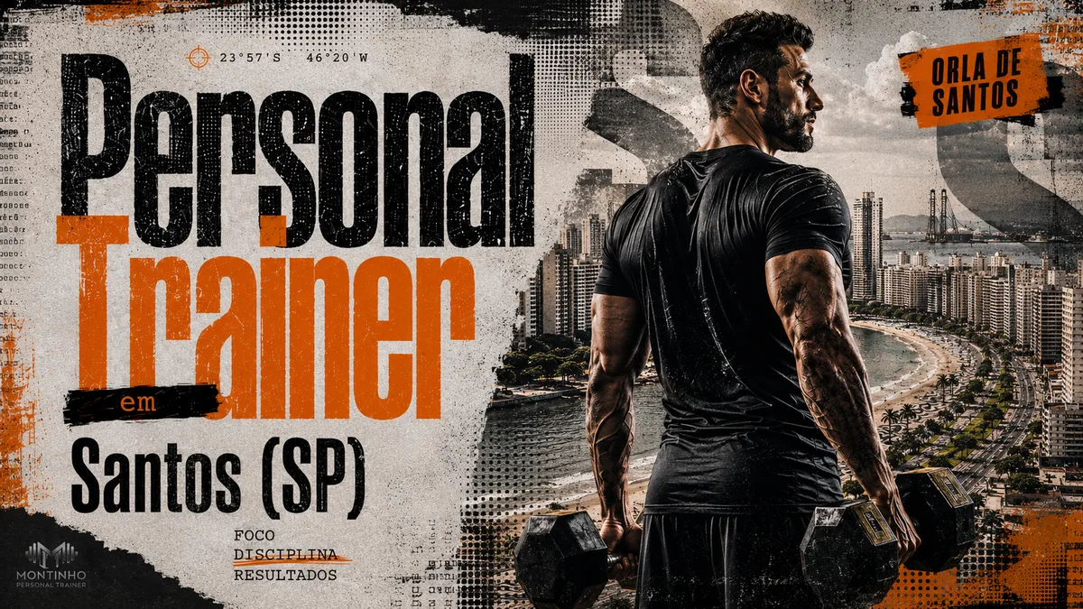 Personal trainer em Santos (SP) em arte que une treino de força e um cartão-postal real da cidade — a curva da orla com os jardins da praia, os canais e o porto ao fundo — Personal por Perto